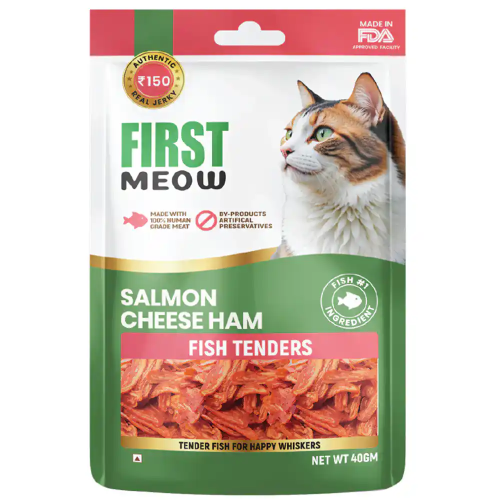 MtYBD8McG-product.webp First Meow Salmon Cheese Ham Jerky Cat Treat, 150g