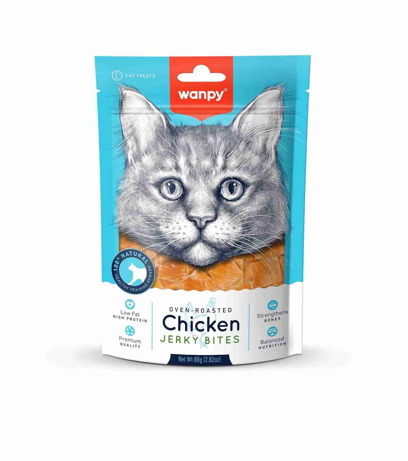 VbvkNh85-product.jpeg Wanpy Chicken Jerky Bites for Cats, 80g - Image 1