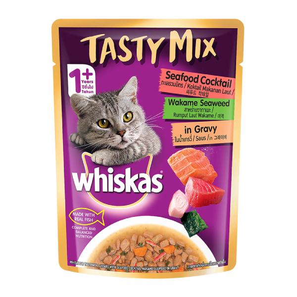 WHISKAS-Adult-1-year-Tasty-Mix-Wet-Cat-Food-Made-With-Real-Fish-Seafood-Cocktail-Wakame-Seaweed-in-Gravy_1.webp Whiskas Tasty Mix Seafood Cocktail Wakame Seaweed Gravy Wet Cat Food - 70g