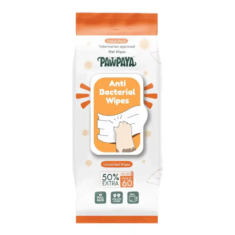 Pawpaya Antibacterial wipes for Dogs and Cats, 60 Wipes