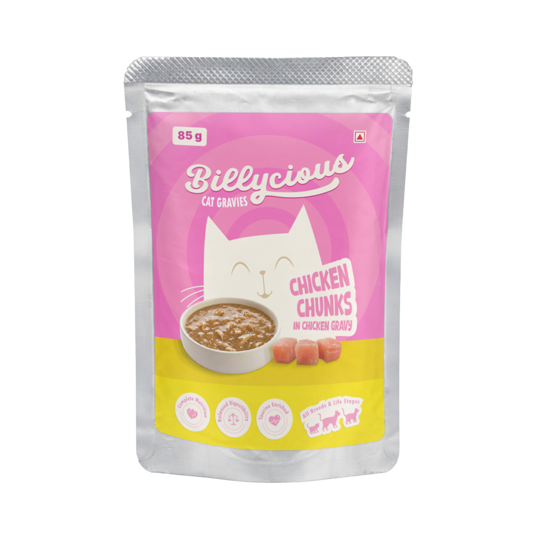 Billycious Chicken Chunks in Chicken Gravy Billycious Chicken Chunks in Chicken Gravy Wet Cat Food, 85g - Image 1