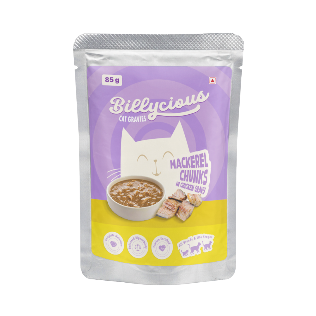 Billycious Mackerel Chunks in Chicken Gravy Wet Cat Food Billycious Mackerel Chunks in Chicken Gravy Wet Cat Food, 85g - Image 1