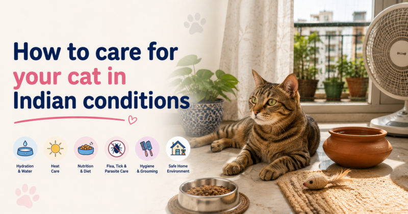 Indoor tabby cat relaxing in an Indian home beside a water bowl and toys, illustrating cat care tips for Indian weather and living conditions.
